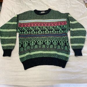 Geometric Patterned Green and Pink Wool Sweater